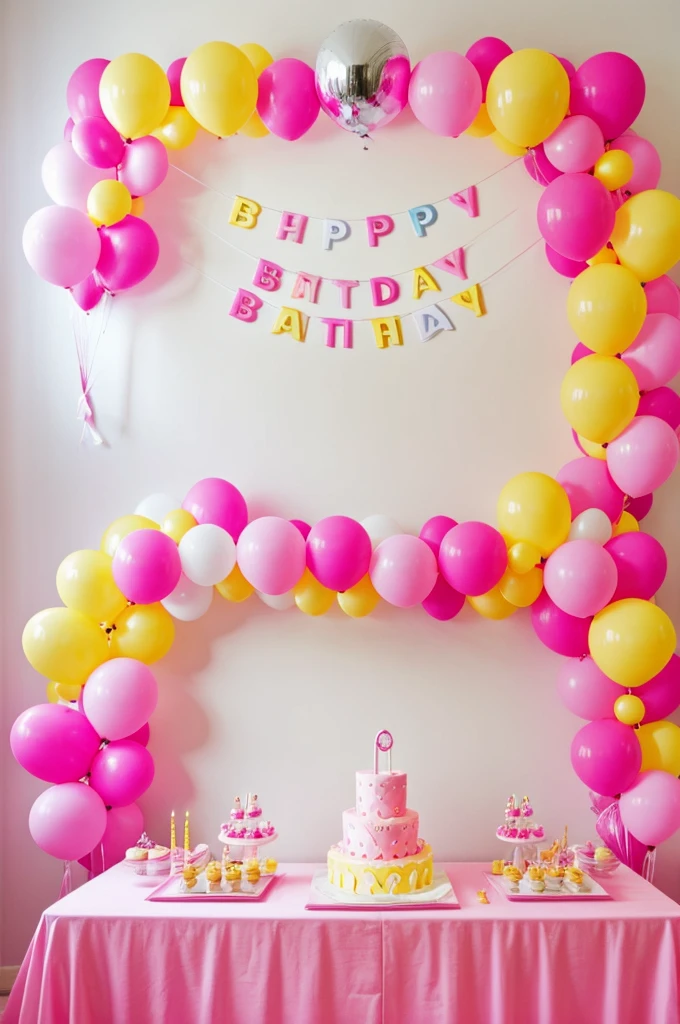 birthday party design chrome pink backdrop with pink and yellow balloons