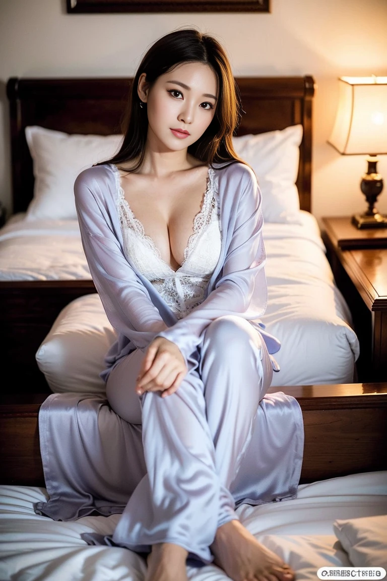 Dark brown hair、Light brown eyes、Japanese actress、 Lady、I am about 40 years old..、(Intricate details:1.2)、(Which is the top???:1.4)、 (Ultra-high resolution:1.2)、Ultra-high resolution、(Finely tuned)、(Detailed facial features)、Hmph、8K resolution、D cup size breasts、Long Hair、Bedroom、Sleeping in bed、Illness and sleep、Painful expression、Extravagant space、relax、、,Full body photo、Beautiful feet、silk pajamas、Beautiful feet、she, Attention to detail, Very detailed, Realistic, Hourglass Shaped Body, Obscene pose,、、私 cry a lot、tears、(auraroid photo:1.2)、A masterpiece of transparent painting、8K、32k、Highest quality、(Details of both eyes)、