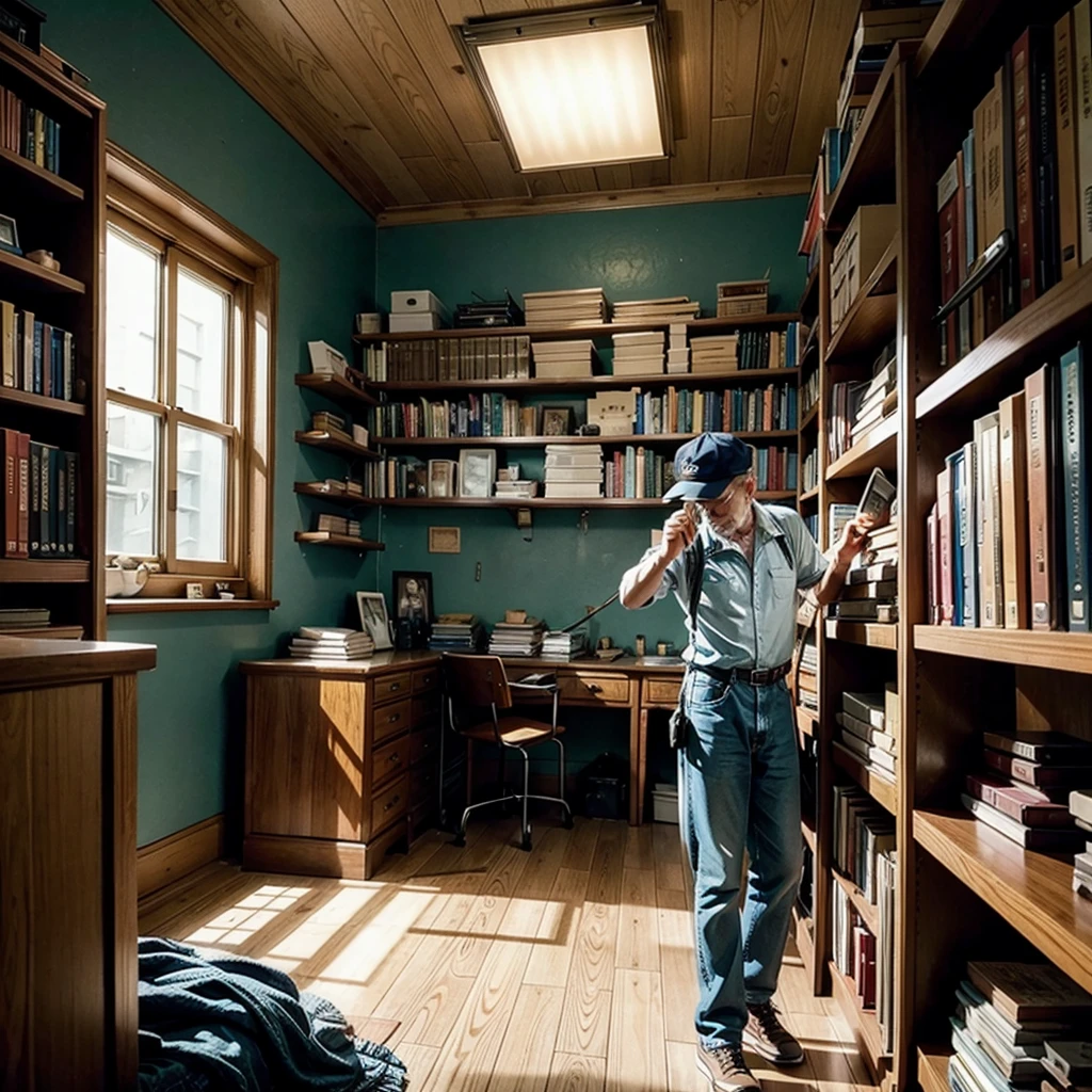 MAKE AN ILLUMINATED LIBRARY OF SEVERAL SHELVES AND AN OLD MAN CLEANING THE SHELVES IN A 1980s SETTING