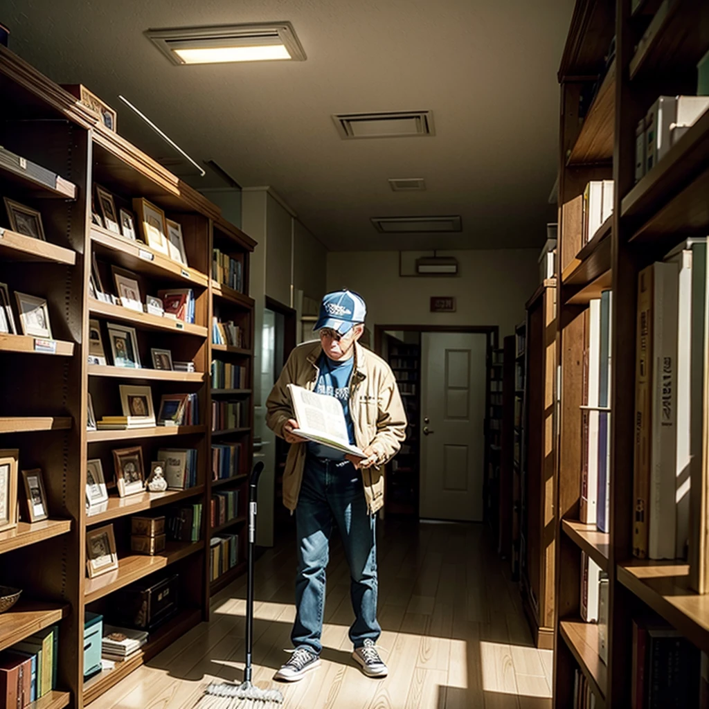 MAKE AN ILLUMINATED LIBRARY OF SEVERAL SHELVES AND AN OLD MAN CLEANING THE SHELVES IN A 1980s SETTING