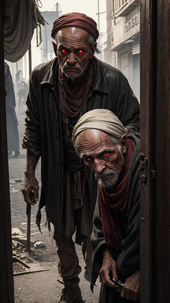 A  looking scared at an ugly old beggar with red eyes in a scary place 