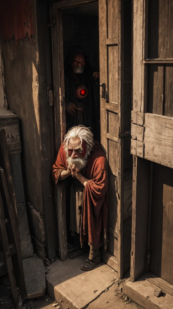 A looking scared at an ugly old beggar with red eyes in a scary place