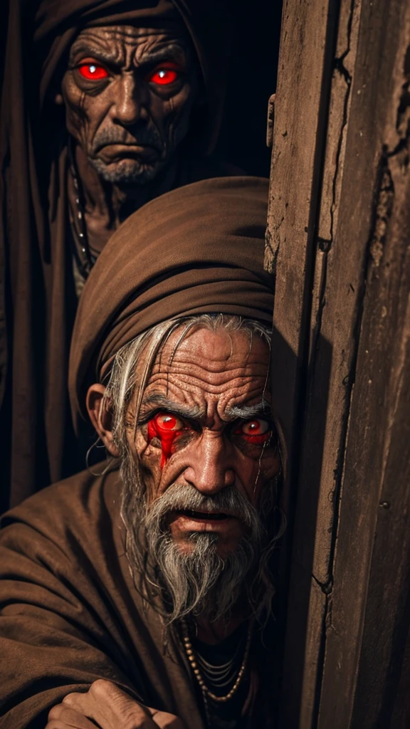 A looking scared at an ugly old beggar with red eyes in a scary place