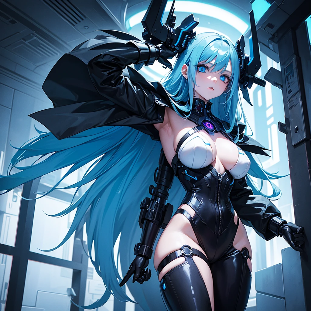 View from below, angle from below Girl Android mechanical prosthetics demonic gloomy with long blue hair woman with sexy hips half cyborg modification Beautiful sad girl blue eyes stands in full growth Anime Style black background Cyberpunk style, black background image of night black city and blue neon lights fluorescent lamps