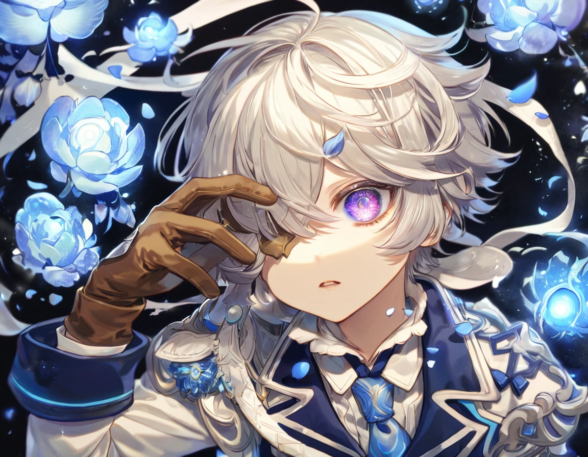 Ultra detailed, highres, absurdres, HDR, master piece, lag Seeing, messy white hair, short hair, expressive purple eye, hair falls over his right eye, Tegami Bachi, blue petals, white scarf, boy, solo, best quality, blue flowers, blue shining fireflies, fantasy, magical, brown gloves, blue moon, blue cropped jacket with white patters, blue necktie, white shirt