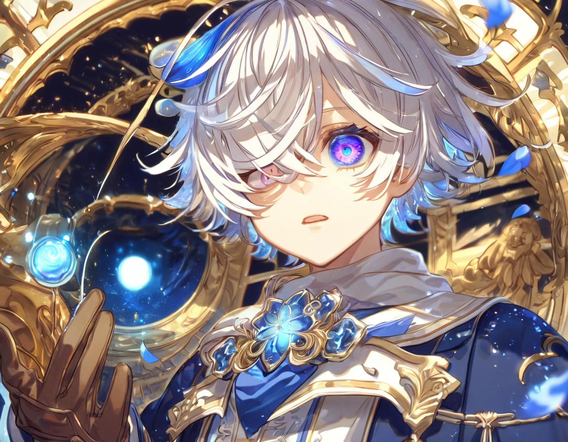 Ultra detailed, highres, absurdres, HDR, master piece, lag Seeing, messy white hair, short hair, expressive purple eye, hair falls over his right eye, Tegami Bachi, blue petals, white scarf, boy, solo, best quality, blue flowers, blue shining fireflies, fantasy, magical, brown gloves, blue moon, blue cropped jacket with white patters, blue necktie, white shirt