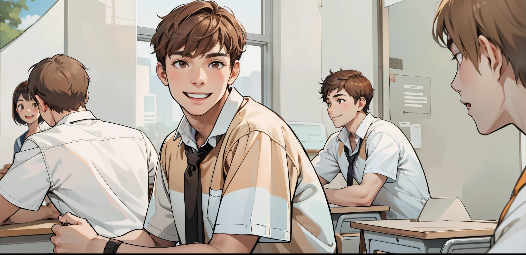 16 year old boy, brown hair, brown eyes, he is talking and smiling mischievously, he is going to escape from school.