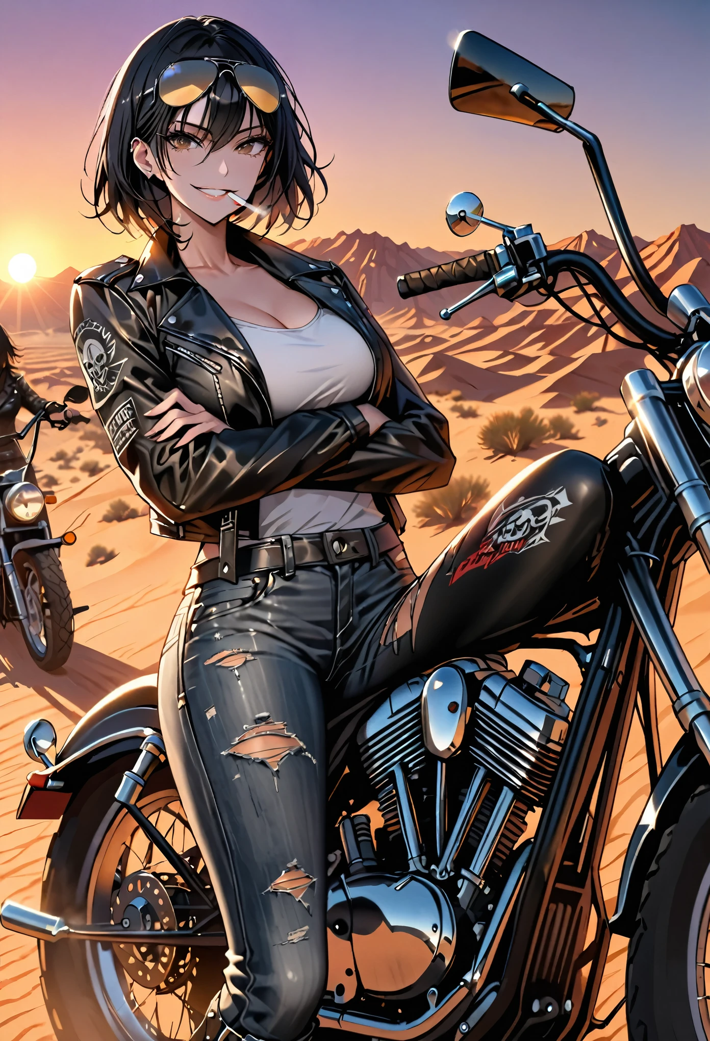 female, short messy black hair, aviator sunglasses, cigarette in mouth, black leather jacket, worn jeans, leather boots, huge chopper bike, desert landscape, sun above, bike gang, close up, huge breasts, defiant smile, leaning back, standing, legs crossed, crossed arms, dusk, fore lengthening