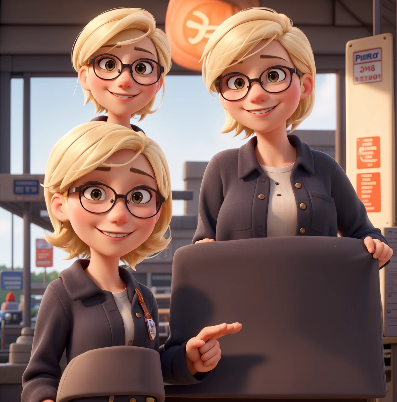 ((best quality)), ((work of art)), (detailed), perfect face, perfect smile, woman, charismatic, short blonde hair, black eyes, round glasses, gas station attendant