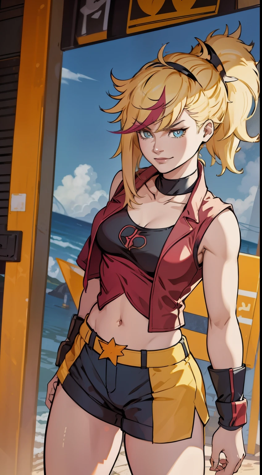 young girl, longue blonde hair, Hairpin with a bundle, turquoise eyes, Yakuza tattoos, red tight uniform, Sleeveless, Wide neckline on the chest to the abdomen, Gold Elements, Red gold armor, Shorts, claws, smirk, Masterpiece, hiquality, 4k, HD, Good detail