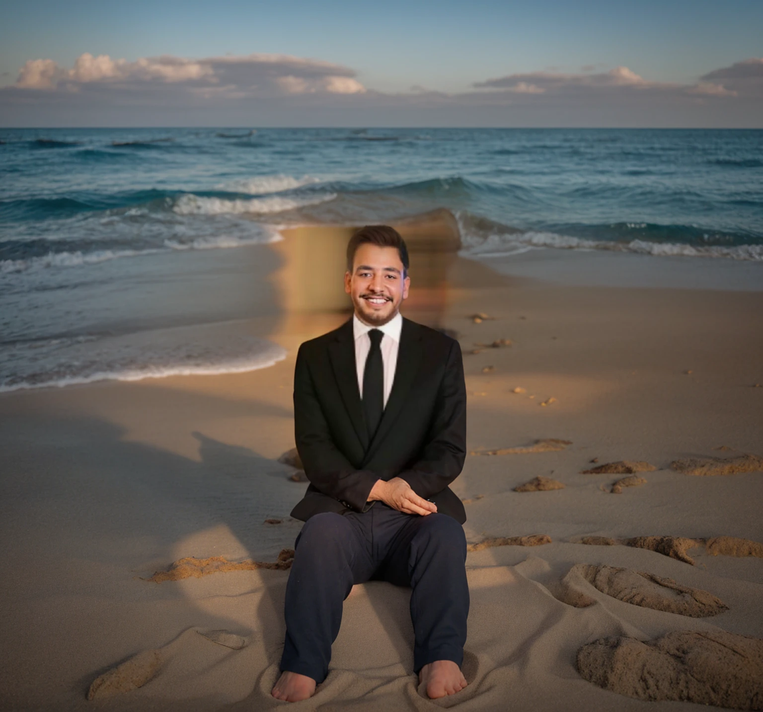 On a quiet beach with blue sea, soft sand, peaceful atmosphere and award-winning high-resolution images