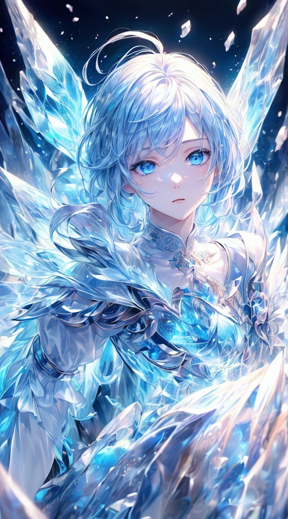 (((Masterpiece、Highest quality、Official Art、Super detailed、Handsome face、Dynamic composition)))、Anime Style、(Milky white and blue hair:1.3),(blue eyes:)