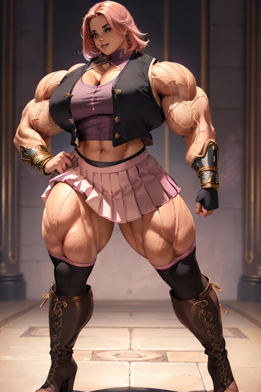 ((((Massive beautiful, buff, bulky, light brown skinned muscular woman with shocking pink hair, black lipstick, ginormous bulky muscles and wearing a pink shirt and a beautiful royal pleated skirt with pantyhose)))), close view, vascular, massive muscle, massive biceps, hyper muscle shoulders, vascular shoulders, hyper muscle triceps, (angled bob cut), red eyes, fingerless gloves, (((beautiful black vest))), ((royal pleated skirt)), (high heel boots), sensual smile, (in a jellyfish forest), at evening, Vascular arms, hyper vascular arm, hyper muscles arms, hyper muscle legs, massive arms