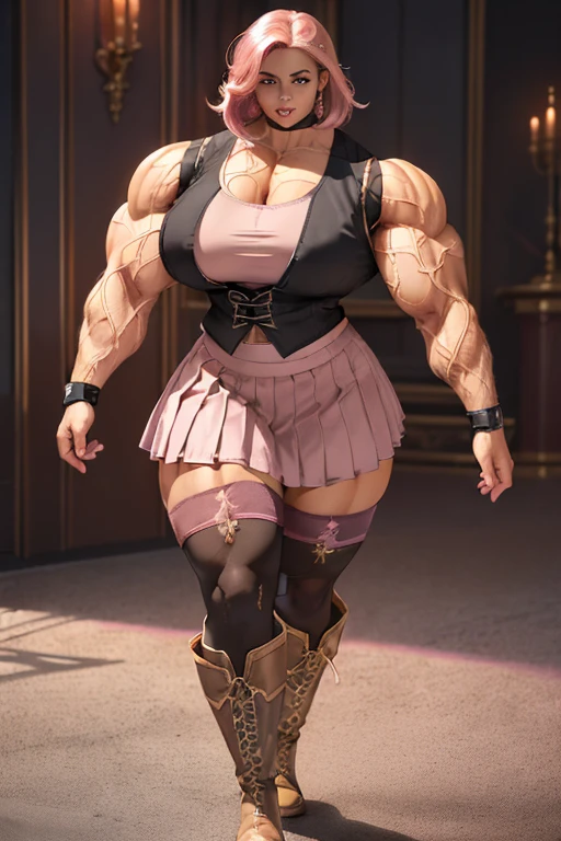 ((((Massive beautiful, buff, bulky, light brown skinned muscular woman with shocking pink hair, black lipstick, ginormous bulky muscles and wearing a pink shirt and a beautiful royal pleated skirt with pantyhose)))), close view, vascular, massive muscle, massive biceps, hyper muscle shoulders, vascular shoulders, hyper muscle triceps, (angled bob cut), red eyes, fingerless gloves, (((beautiful black vest))), ((royal pleated skirt)), (high heel boots), sensual smile, (in a jellyfish forest), at evening, Vascular arms, hyper vascular arm, hyper muscles arms, hyper muscle legs, massive arms