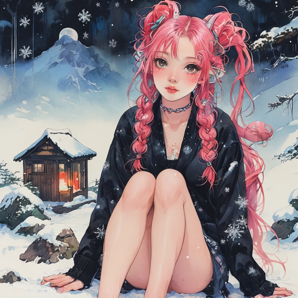 ((masterpiece)), (best quality), (detailed), 1girl,
looking at viewer, (lipstick:0.75), leaning forward,
long pink hair, twintails,
colorful thighighs,
winter, vivid colors,