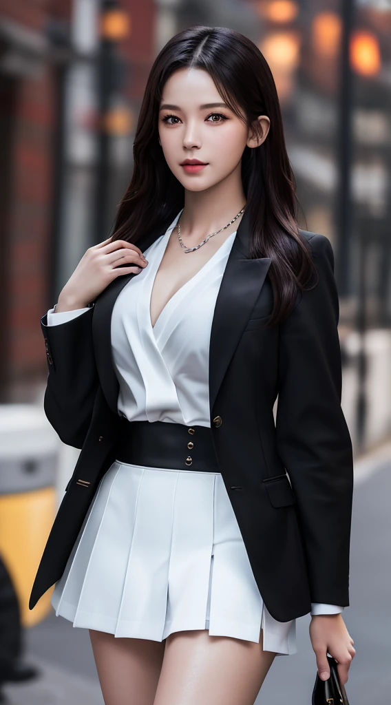 best quality, masterpiece, 1girl, Beautiful face, (photo realistic:1.3), rim lighting, (high detailed skin:1.2), 8k uhd, dslr, high quality, high resolution, 4k, 8k, Bokeh, absurdres, best ratio four finger and one thumb, (realistic:1.3), cute 1girl, wearing black formal blazer, medium breasts, short skirt,
