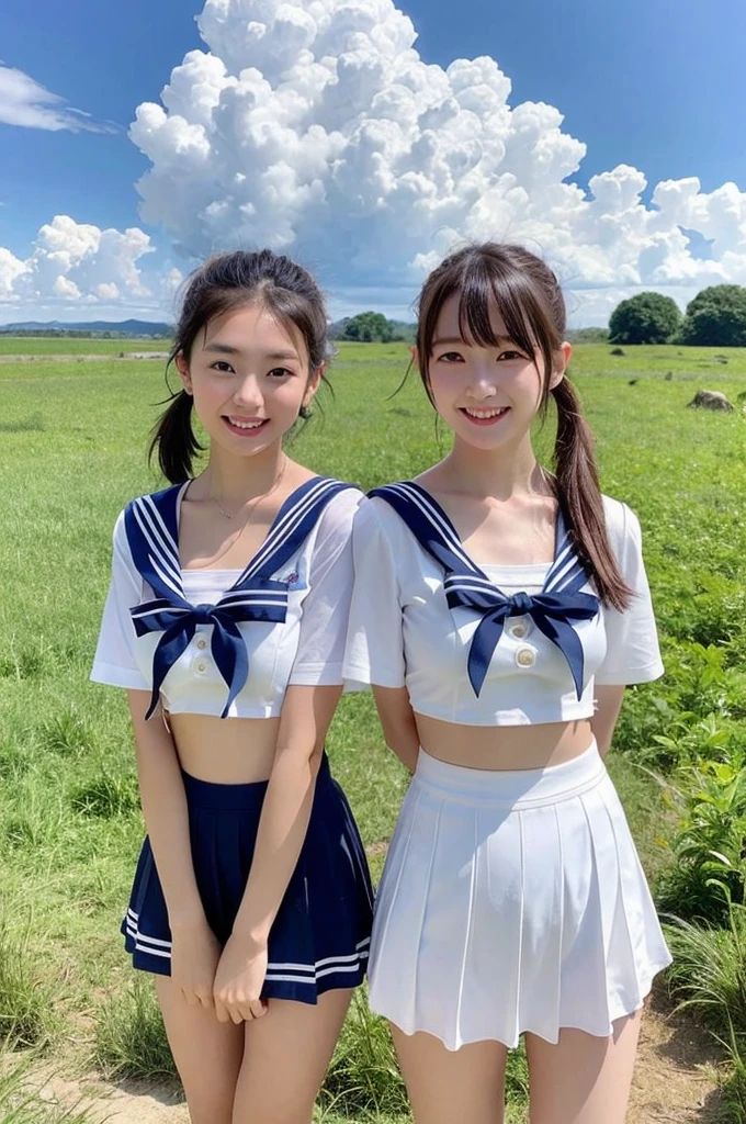 2 girls in rural field,cumulonimbus cloud in summer blue sky,white sailor shirt,white bikini bottom with flipped navy blue frills up,18-year-old,bangs,a little smile,thighs,knees,short hair with low pigtails bunches,from beside,front light