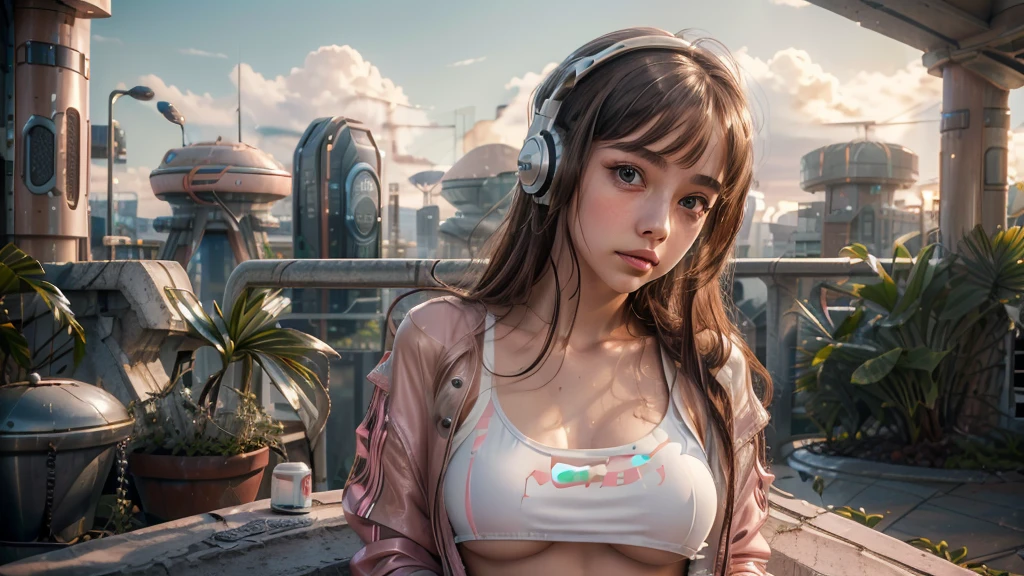 masterpiece, highest quality, Super detailed, 8k, RAW Photos, Realistic, One girl, alone, Rim Light, Super detailed face, (Contrasting:1.1), Shoot from the front, (head shot:1.6), Upper Body, smile, Amazingly cute young Russian girl, Droopy eyes, Pale pink plump lips, Light brown straight medium length hair、With bangs, Light brown thin eyebrows, Oily skin, Wet Skin, Wearing an ivory and pink cyberpunk style bikini and jacket, Put on some high-tech headphones, Medium chest, Cyberpunk City Residential Area, thunderclouds in the sky, Midsummer