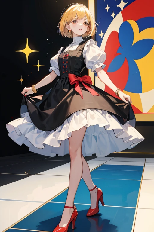 Shapes has red, blue, white and yellow straight hair in a short bob, her skin is light brown, she has brown eyes, she has a red bracelet, her dress is yellow, red, blue, white and black in the pattern of blocks and she has yellow and red high heels with white soles, based of Piet Mondriaan's most famed artwork. SPARKLE; GLITTER