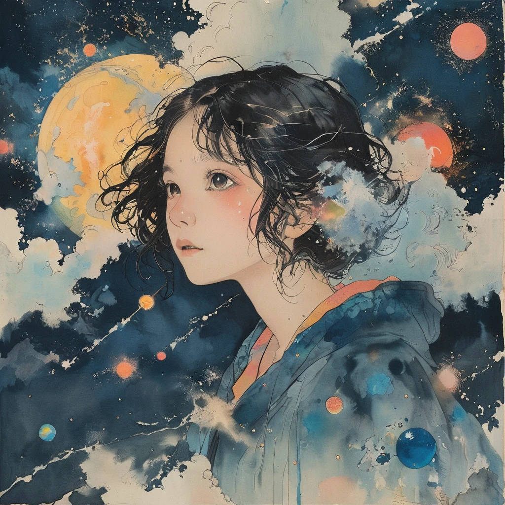 ((masterpiece)), (((best quality))), ((ultra-detailed)), ((illustration)),[realism light effect],shadow,(Fantasy style),(white background:1.6), simple background, (earth theme),(a cloak)[(hair focus,((1girl)),[(big slime hair): (cloud hair):0.3], (hair on background),(high saturation),(hair surrounded by galaxy splashes),)):((her hair is becoming galaxy clouds,:1.27628), (hair and clothes is galaxy clouds and cluster of stars:1.1025),(a cloak is becoming galaxy clouds)(colorful_galaxy_print_clusters_of_stars_print:1.35),((detailed starry sky with colorful galaxy and galaxy clouds):1.2)):0.35], (((masterpiece))),(((best quality))),((ultra-detailed)),(illustration),(dynamic angle),((floating)),(paint),((disheveled hair)),((beautiful detailed face)),collar,bare shoulders, ((colorful hair)),((streaked hair)),beautiful detailed eyes,(Gradient color eyes),(((colorful eyes))),(((colorful background))),(((high saturation))),(((surrounded by colorful splashes))),(((surrounded by colorful dot))),colorful bubble,((shining)),