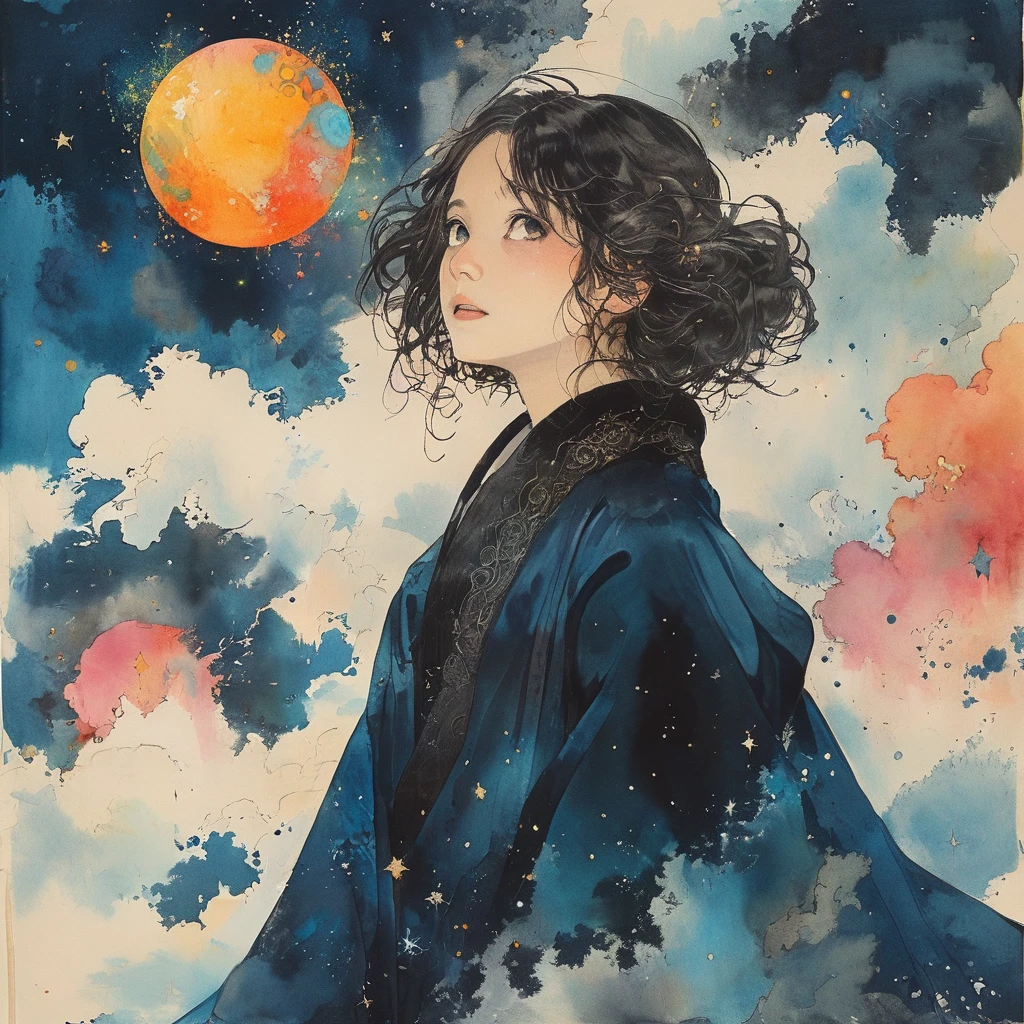 ((masterpiece)), (((best quality))), ((ultra-detailed)), ((illustration)),[realism light effect],shadow,(Fantasy style),(white background:1.6), simple background, (earth theme),(a cloak)[(hair focus,((1girl)),[(big slime hair): (cloud hair):0.3], (hair on background),(high saturation),(hair surrounded by galaxy splashes),)):((her hair is becoming galaxy clouds,:1.27628), (hair and clothes is galaxy clouds and cluster of stars:1.1025),(a cloak is becoming galaxy clouds)(colorful_galaxy_print_clusters_of_stars_print:1.35),((detailed starry sky with colorful galaxy and galaxy clouds):1.2)):0.35], (((masterpiece))),(((best quality))),((ultra-detailed)),(illustration),(dynamic angle),((floating)),(paint),((disheveled hair)),((beautiful detailed face)),collar,bare shoulders, ((colorful hair)),((streaked hair)),beautiful detailed eyes,(Gradient color eyes),(((colorful eyes))),(((colorful background))),(((high saturation))),(((surrounded by colorful splashes))),(((surrounded by colorful dot))),colorful bubble,((shining)),