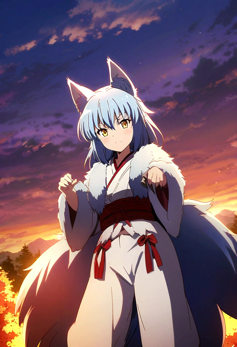 fox Light blue hair 　beast girl　indigo fur　fox beast girl　fox Light blue hair 　beast girl　indigo fur　fox beast girl　Sesshomaru, Yellow eyes, Anime, Perfect face, Perfect Lighting, Outdoors, Warm colors, Dark purple sky, Autumn sunset, \(inuyasha\), Bearing Claw, Ready to fightPerfect Lighting, Outdoors, Warm colors, Dark purple sky, Autumn sunset, fox Light blue hair 　beast girl　indigo fur　fox beast girl