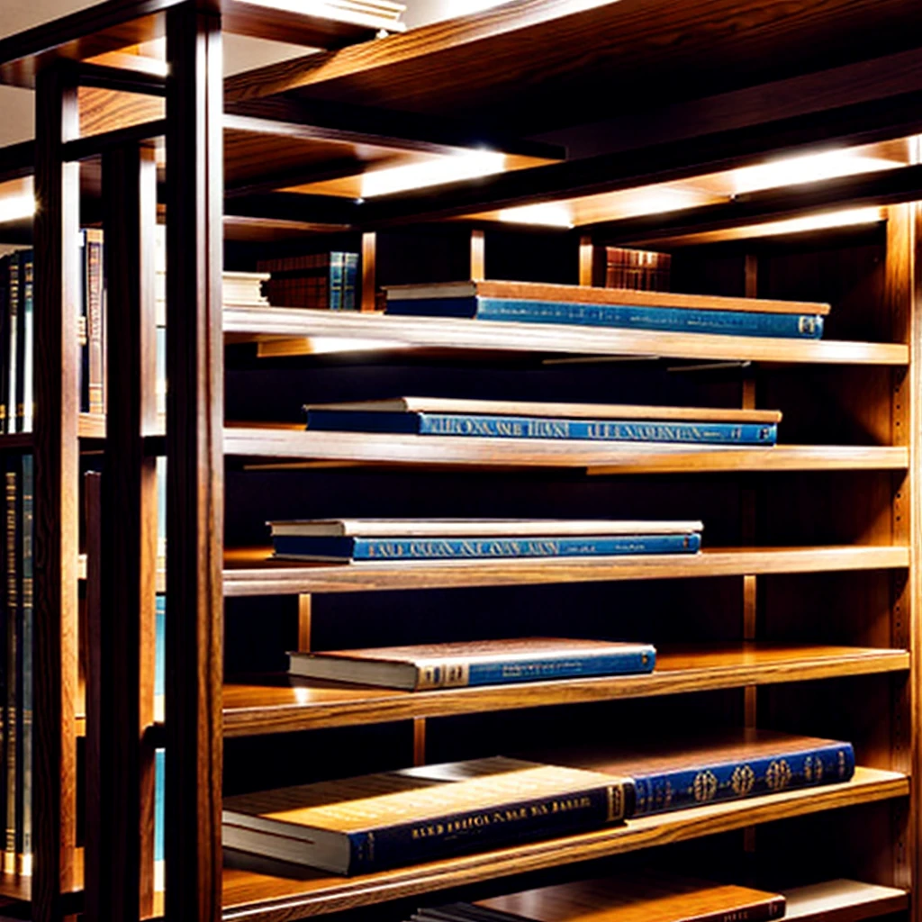 MAKE AN ILLUMINATED LIBRARY OF SEVERAL SHELVES AND AN OLD MAN CLEANING THE SHELVES IN A 1980s SETTING