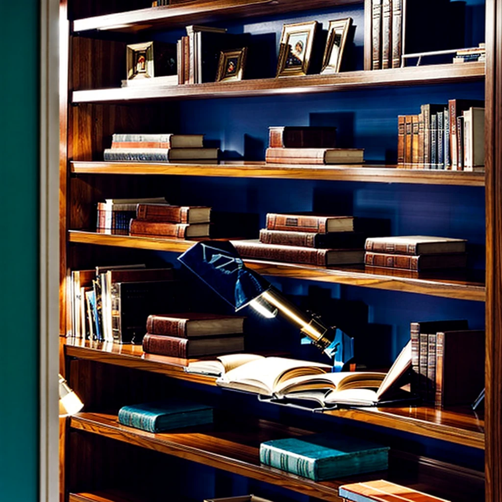 MAKE AN ILLUMINATED LIBRARY OF SEVERAL SHELVES AND AN OLD MAN CLEANING THE SHELVES IN A 1980s SETTING
