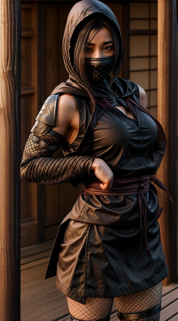 female shinobi with shoulder armor, asian, long black hair, brown eyes, hooded, fishnets, ninja garb, sakura background, japan,busty
