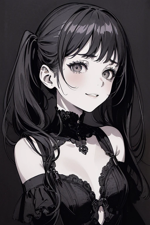 masterpiece、8K、Highest quality, (Background details), High Contrast, Very beautiful girl, 10th Generation、Detailed original illustration、Small breasts、Twin tails、Detailed shading、functional、Delicate face、Charm、Villainess、sexy、Real breasts、Crazy Smile, Crazy Eyes,、Head close-up, Black background, (Black background: 1.5), Beautiful line art、Monochrome