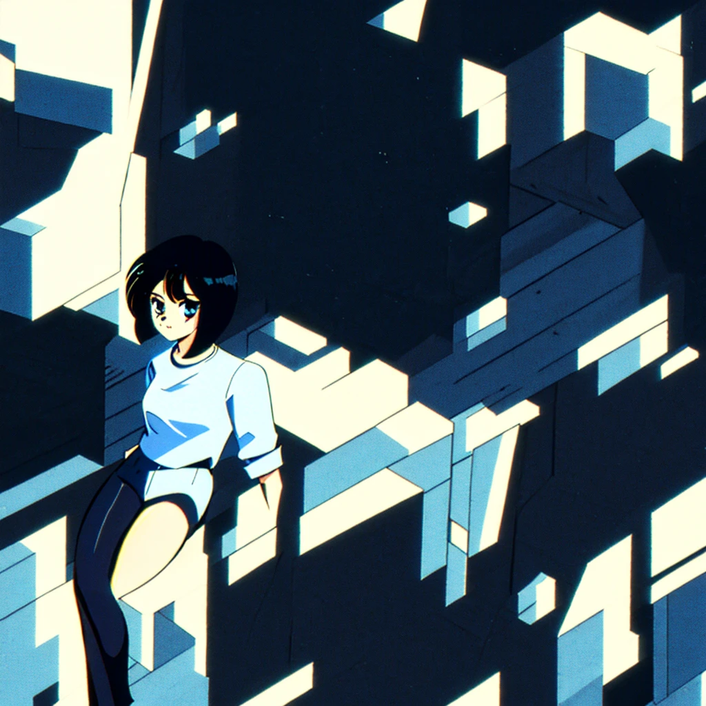 1girl, short hair, black hair, black eyes, black shirt, blue leggins looking at viewer, full body, white skin, 1990s style, city pop