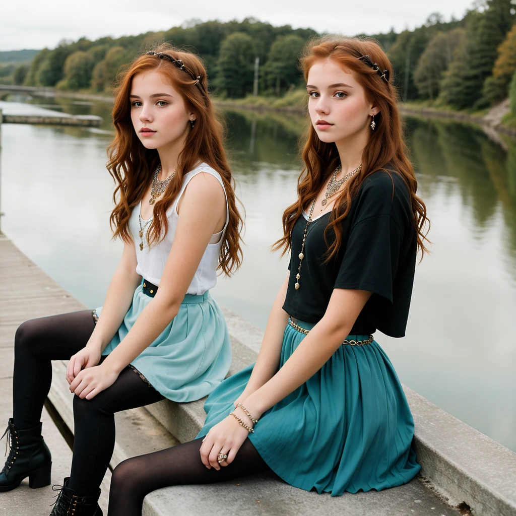 ((best quality)), ((masterpiece)), (detailed), 1girl, hyper-detailed, realistic, pretty, young 17 year old white girl with caramel and auburn colored hair in a cute princess style cut and turquoise eyes, wearing grungy goth punk style clothes and simple jewelry, sitting on a bridge in bright daylight while staring off thoughtfully over the water.