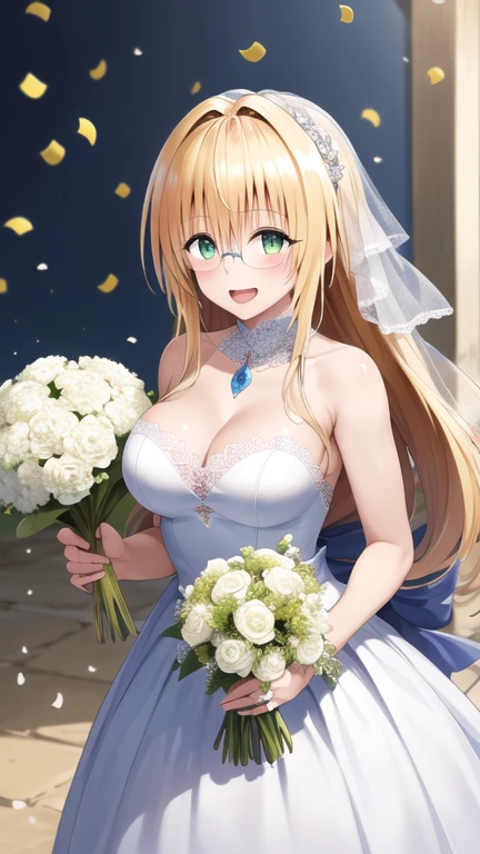 masterpiece, best quality, highres, aatearju, very long hair, low-tied long hair, hair ribbon, green eyes, glasses, large breasts,  wedding dress, white dress, strapless, holding bouquet, cowboy shot, smile, open mouth, confetti,