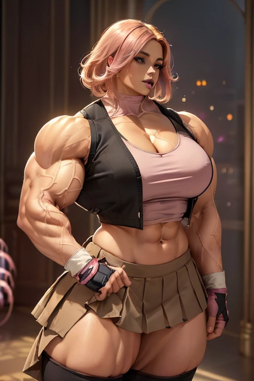 ((((Massive beautiful, buff, bulky, light brown skinned muscular woman with shocking pink hair, black lipstick, ginormous bulky muscles and wearing a pink shirt and a beautiful royal pleated skirt with pantyhose)))), (close view), vascular, massive muscle, massive biceps, hyper muscle shoulders, vascular shoulders, hyper muscle triceps, (angled bob cut), red eyes, fingerless gloves, (((beautiful black vest))), ((royal pleated skirt)), (high heel boots), sensual smile, (in a jellyfish forest), at evening, Vascular arms, hyper vascular arm, hyper muscles arms, hyper muscle legs, massive arms