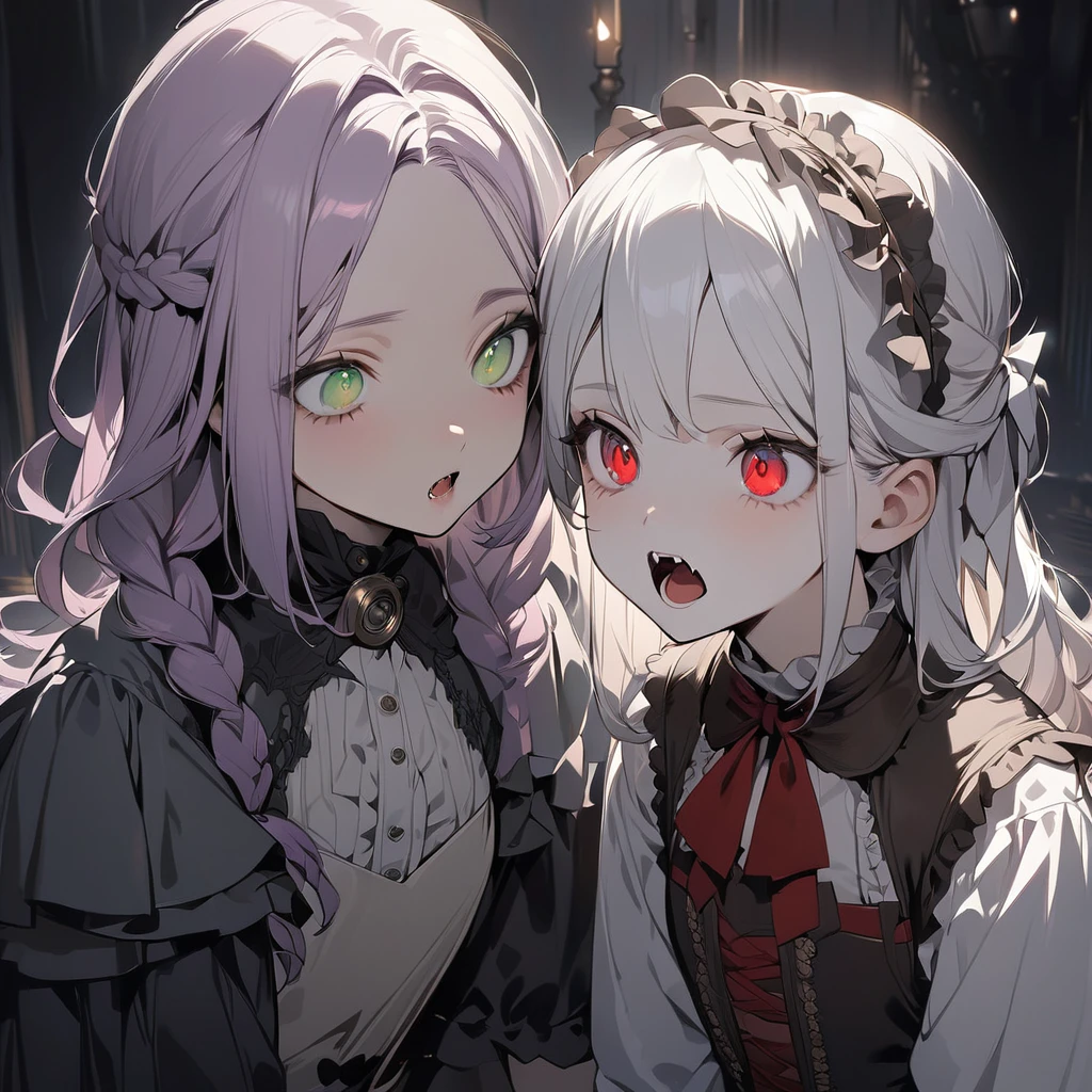 (Cute two girls:1.5),
(masterpiece:1.3), anime visual, (tilt head:1.3), extremely delicate face, realistic lighting and shading, (an extremely delicate and beautiful art:1.3), (muted colors:1.1), A girl with white hair and red eyes wearing a gothic ta dress under her vampire cloak,
A girl with green eyes and braided lavender hair wearing a steampunk outfit,
The white-haired girl has her mouth wide open, showing her fangs, and is about to sink her fangs into the lavender-haired girl's neck,
The lavender-haired girl's pupils are dilated and have no highlights,