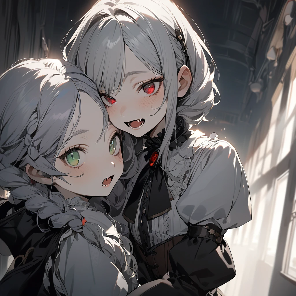 (Cute two girls:1.5),
(masterpiece:1.3), anime visual, (tilt head:1.3), extremely delicate face, realistic lighting and shading, (an extremely delicate and beautiful art:1.3), (muted colors:1.1), A girl with white hair and red eyes wearing a gothic lolita dress under her vampire cloak,
A girl with green eyes and braided lavender hair wearing a steampunk outfit,
The white-haired girl has her mouth wide open, showing her fangs, and is about to sink her fangs into the lavender-haired girl's neck,
The lavender-haired girl's pupils are dilated and have no highlights,