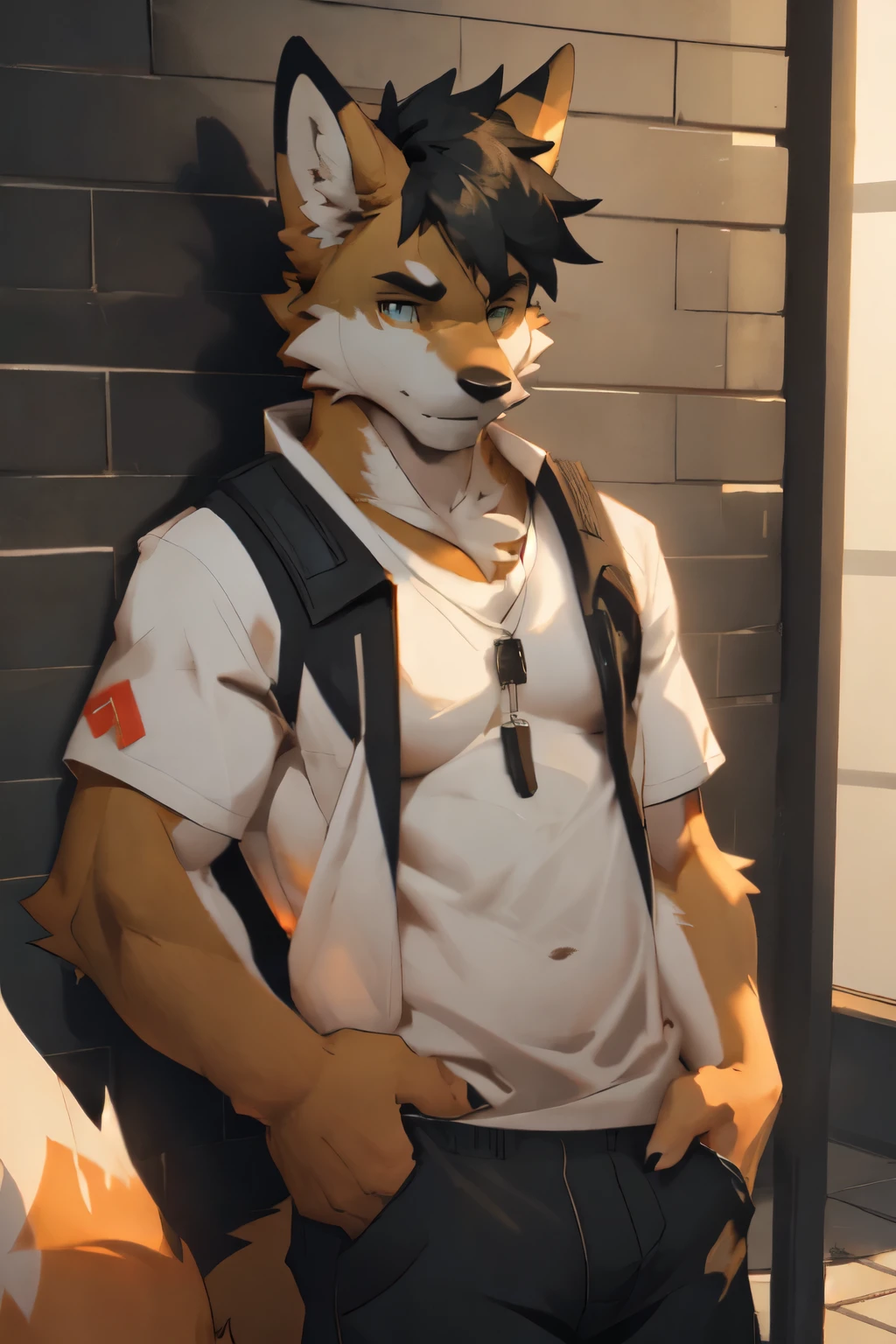 Solo, male, a cute but masculine anthro furry fox boy of 20 years old, a single fox tail always, toned, lean, black hair, faux hawk hair, green fox eyes, by fumiko, by hyattlen, by zackary911, indoors, white t-shirt, tight jeans, standing, arms crossed, front view, leaning his back against a wall, serious, orange fur,