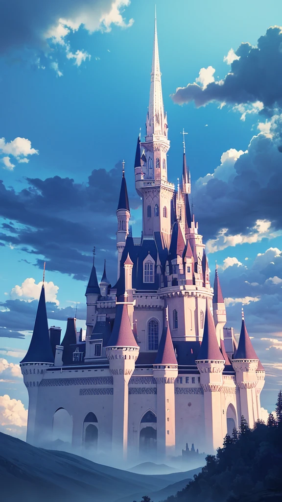 Castle floating in the sky seen from far away, panoramic and deep perspective, colorful and beautiful sky with high contrast, surrealistic painting.