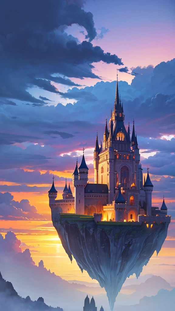 Castle floating in the sky seen from far away, panoramic and deep perspective, colorful and beautiful sky with high contrast, surrealistic painting.