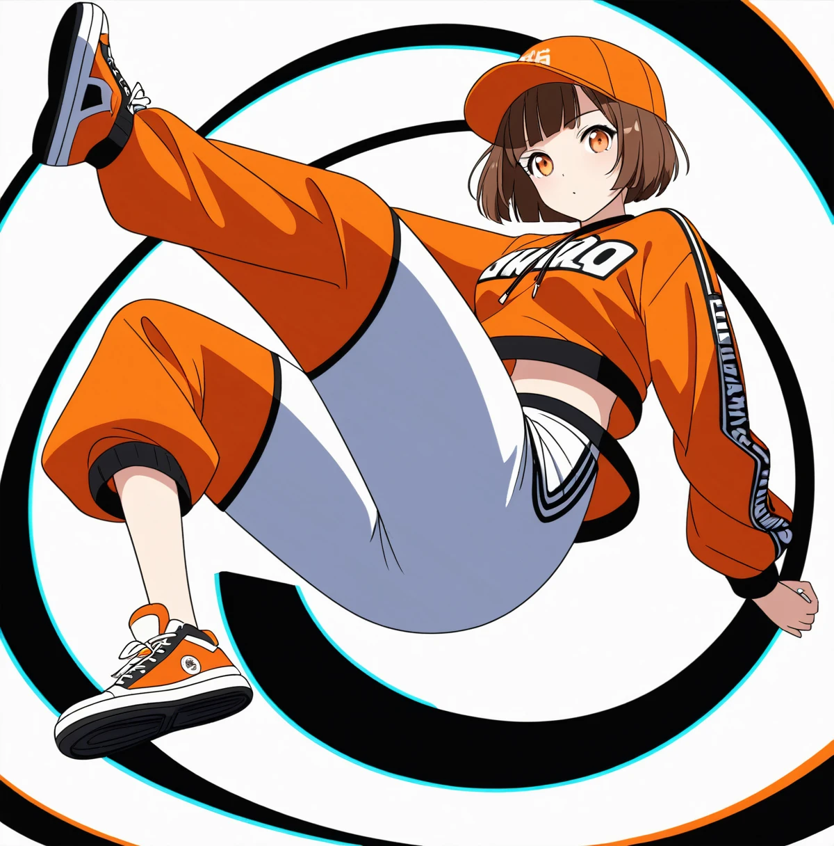 ((((White background)))), ((((Full body)))), brown Hair, short Hair, Bobcut, Anime Style, beautiful girl, Orange eyes, Hip Hop Clothes, Baseball Cap, Orange clothes, Dynamic Angle, 4K, 8K, Cool look, Jump,