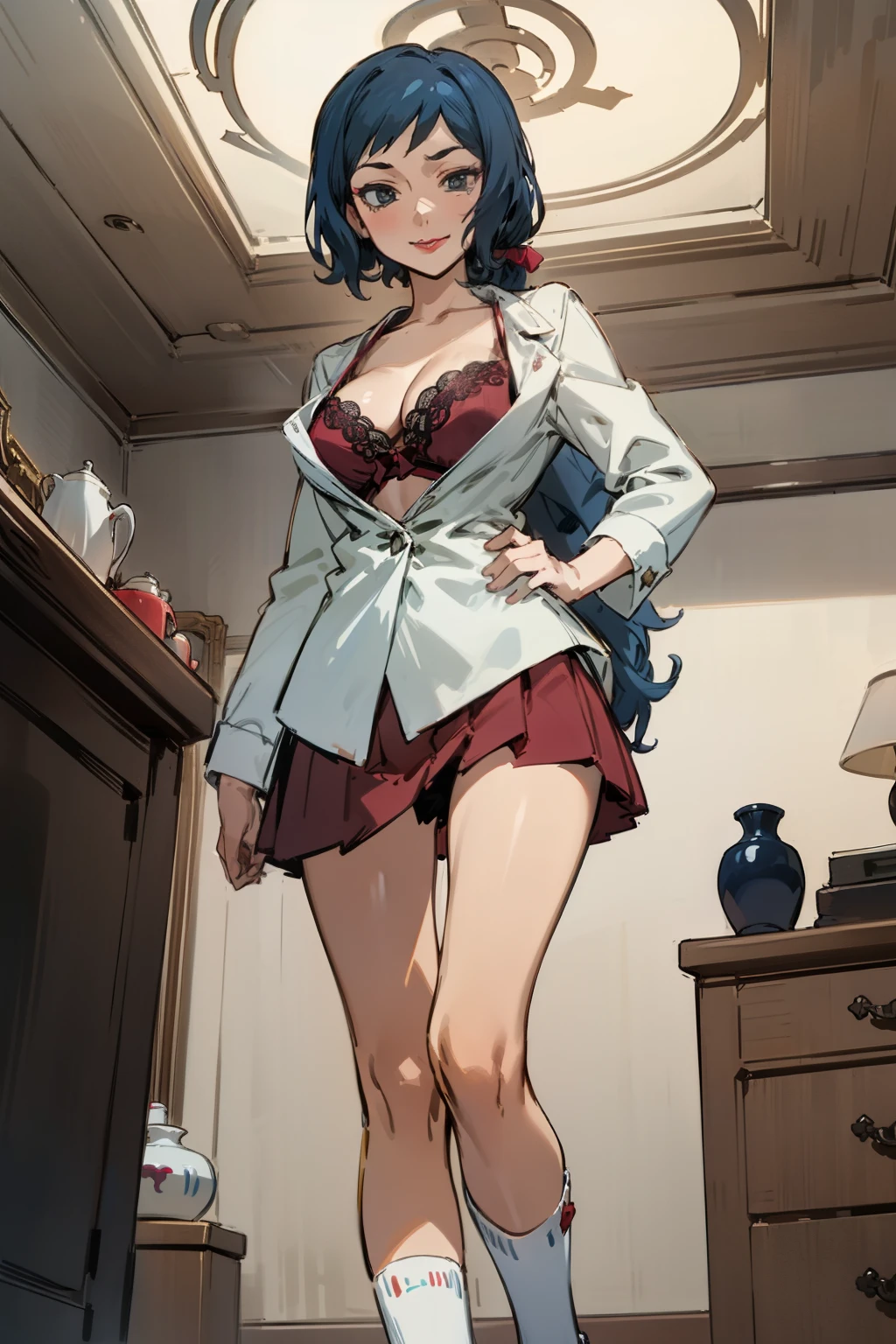 Night time,(Masterpiece), Best Quality, ultra-detailed, 1girl (rinko_iori, Slender and sexy body, big and pretty breasts, dark blue hair, long wave hair, blue eyes,  half-closed eyes), evil face,  smirk ,parted lips, mascara, full makeup, red lipstick, hookerchic, facing viewer, looking at viewer, solo, white shirts,  cleavage, red lace bra(ornate),  bows,  pleats skirt, red skirt,  ultra mini skirt, red lace panties, losse socks, in the livingroom, standing, , from_below , 