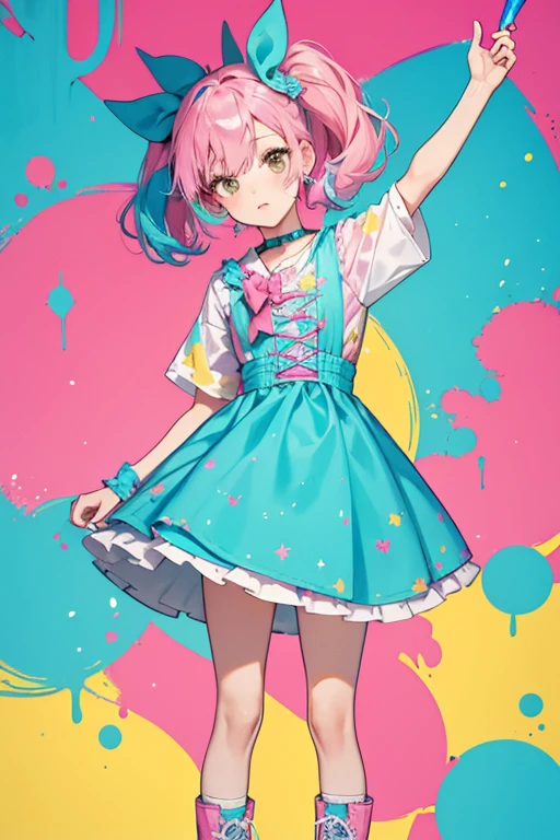 Splatters has pink and teal hair with a blue bow with yellow paint dripping down it. She has brown eyes with paint all over the sides of them. She has a blue, pink and yellow dress with pink high top Converse boots with paint splatters at the tips at the end of them. SPARKLE; GLITTER