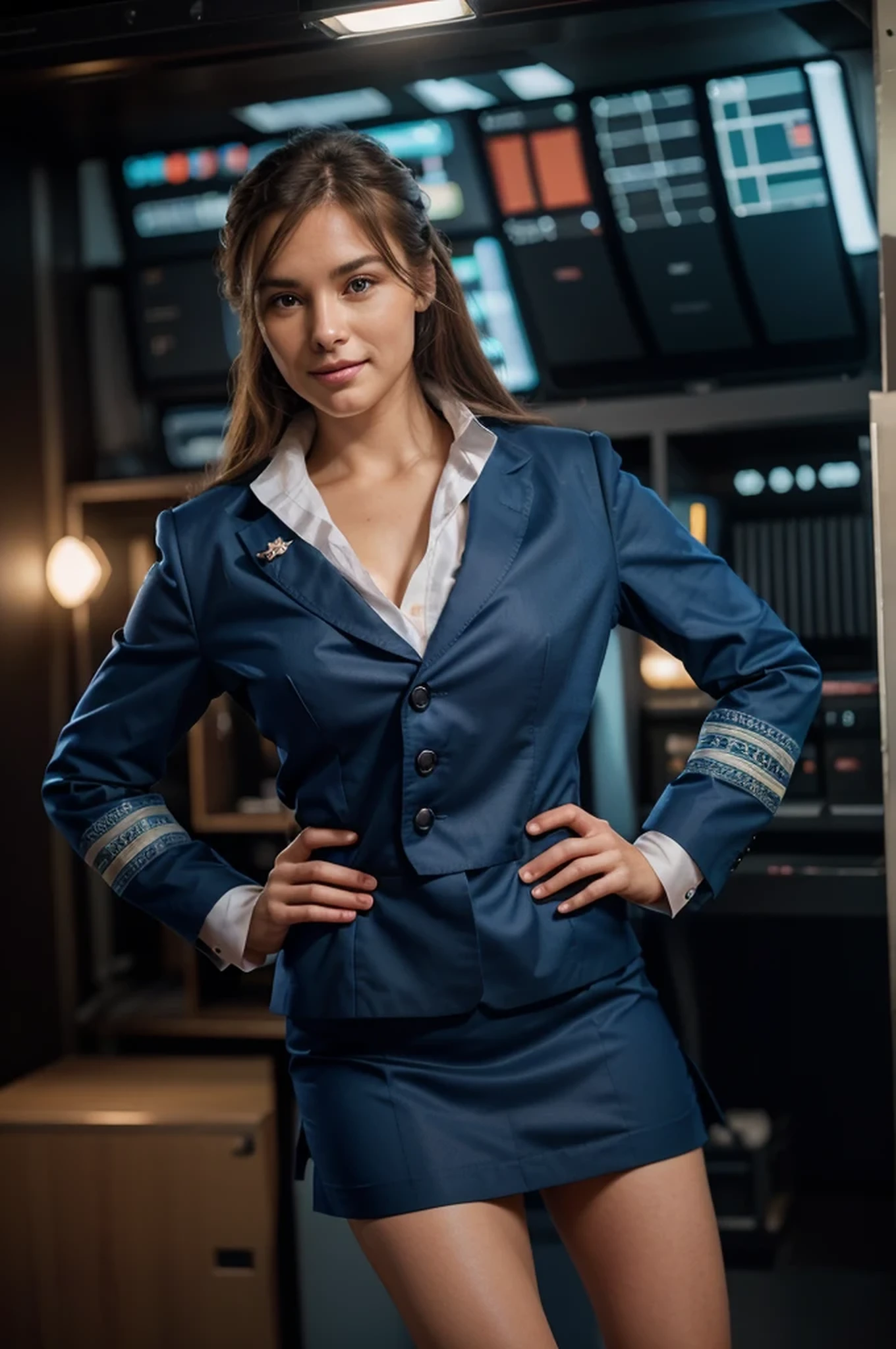 the most beautiful woman sitting, beautiful Dutch face, cheerful expression, long brown hair,  white skin, dark navy blue two-piece formal suit, light blue shirt, she is in an advanced military bunker behind her a screen with the world map, computer screens, servers with blue lights, Ultra detailed, hyperrealistic, 4k, Ultra detailed image, realistic, Highly detailed, perfect composition, splendid, Intricately detailed, Incredibly detailed, 8 k artistic photography, hyper detailed, Masterpiece, Ultra detailed, hyper realistic, 4k, Ultra detailed image, realistic, Highly detailed, perfect composition, splendid, Intricately detailed, Incredibly detailed, 8 k artistic photography, hyper detailed, Masterpiece