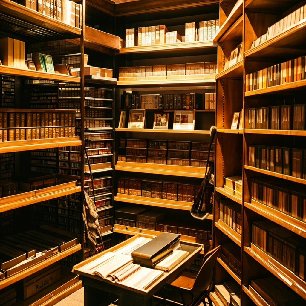 MAKE AN ILLUMINATED LIBRARY OF SEVERAL SHELVES AND AN OLD MAN CLEANING THE SHELVES IN A 1980s SETTING
