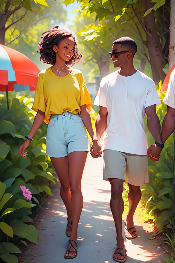 young woman in shorts, casual, modest, with her husband in shorts, holding hands, happy, talking to eachother, bbq, summer, outdoors,