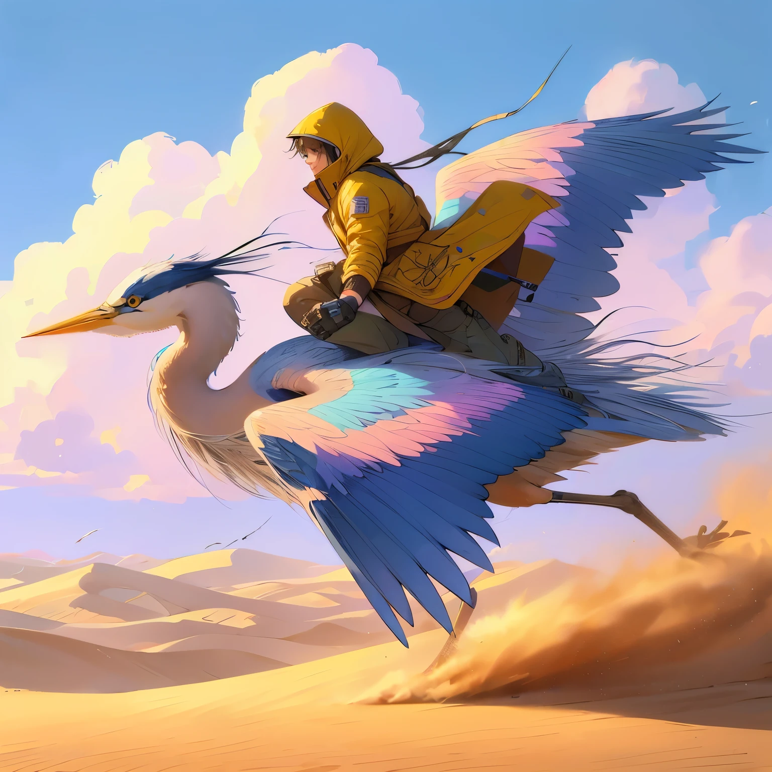 Girl riding on the back of a blue heron, bird looks like blue heron, blue sky desert sands, long shot, cute girl wearing long dusty yellow overcoat with hood, she has long wavey black hair with ringlets and bows, large vista, running, wind blowing, muted pastel multicolors feathers slightly curly, paint splatter, paint splatter, throwing up dust, sand dunes, running in desert sand, kicking up sand, dust, sand plumbs, fluffy white clouds tinged in pinks, oranges and violet, anime impressionist art style, 8k resolution,