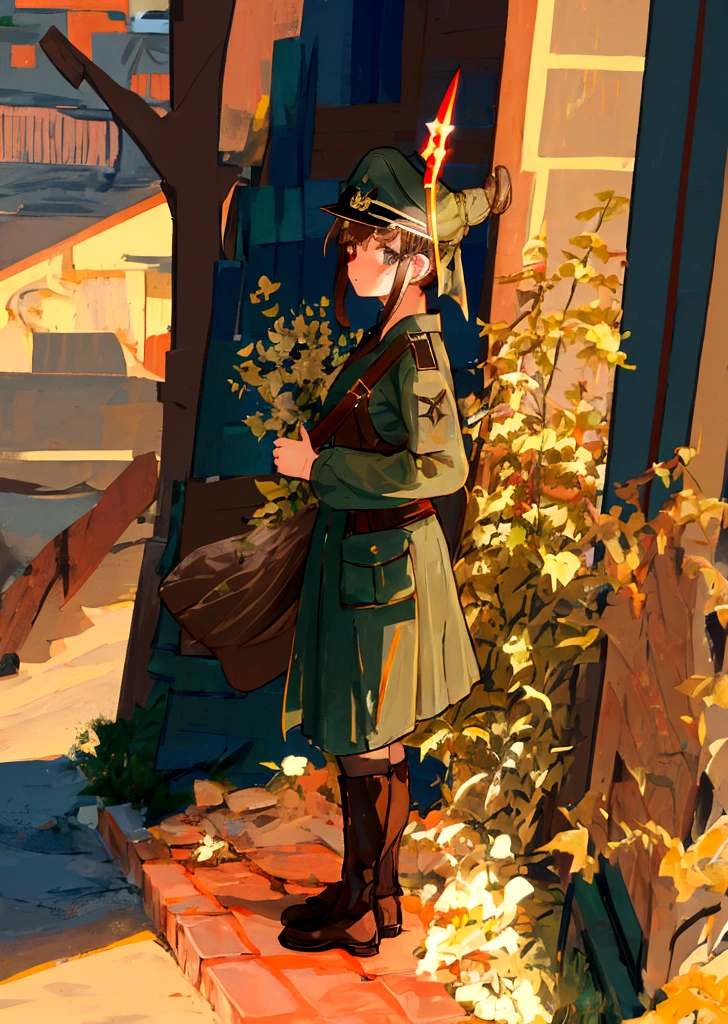 Ww2 soldier, german, looking at the viewer, M44 feldbluse, stahlhelm, low hair bun, no background, brown hair, holding rifle, side view
