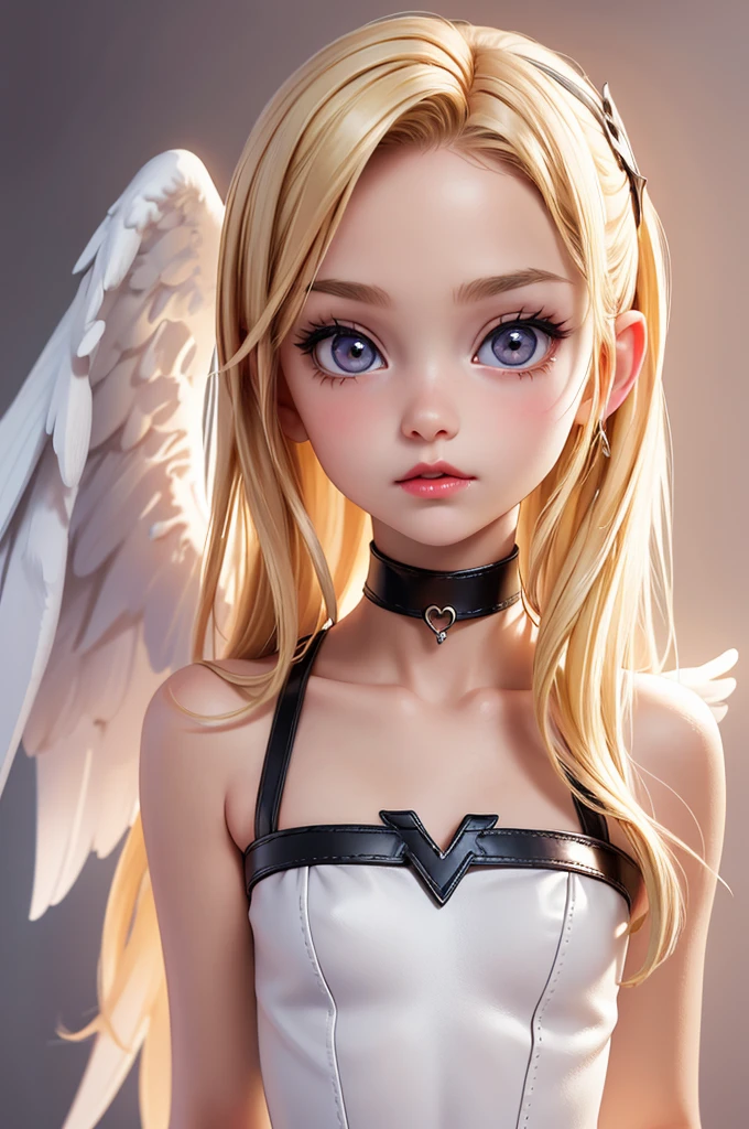 hyperrealistic angel teen, blonderfect tiny body, sexy, dark makeup, small choker, perfect slim face, big red lips, very cute face, tiny body, big eyes, young looking, childish looking, angel wings on her back, angelic aura, goddess