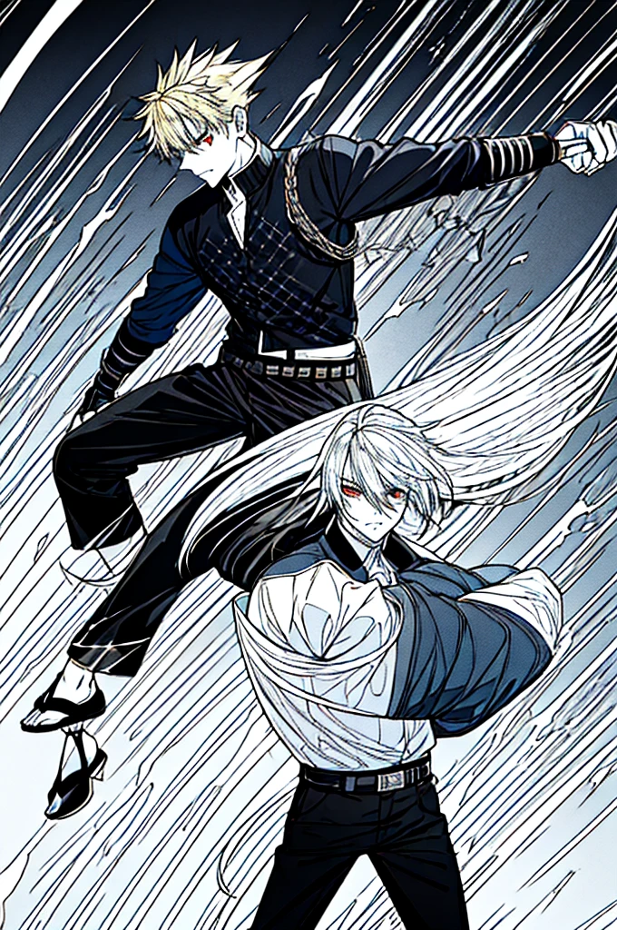 A 22 year old man, dry blue long thermal shirt, black long pants, sandal, sword and combat pose, yellow iris shining, hair with the top dyed blonde and hair on the sides painted black, defined body. with a very short and long mohawk and bright red eyes. Black and white manga theme