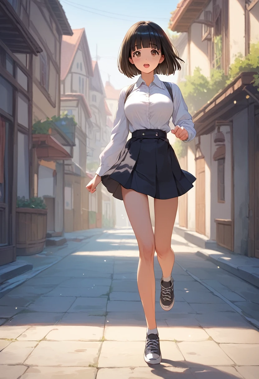 score_9,score_8_up,score_7_up,masterpiece,best quality, source anime, realistic, super detailed, extreme detailed, rating_explicit,
1girl, running, I'm late, 
BREAK girl, 22yo, short hair, bob cut, (blunt bangs), black hair, (tareme, detailed cute brown eyes), curled eyelashes, (large breasts:0.9), 
shiny hair, beautiful detailed eyes, beautiful face,
slender, small ass, slim legs,
white collared shirt, black jacket, black tight mini skirt,
seriousness, Hurried, open mouth,
town, street, morning,